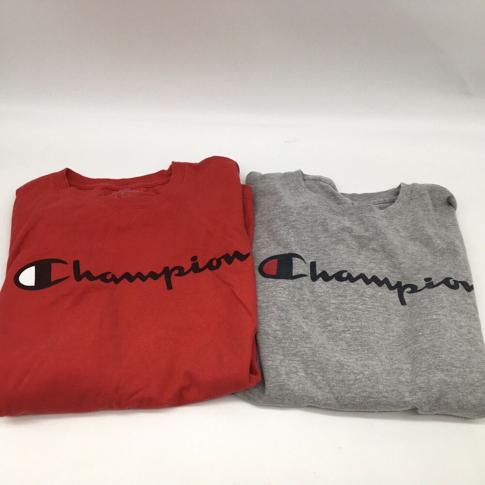 2 Mens CHAMPION Long Sleeve T Shirts Red And Gray  M GUC Logo - Picture 1 of 10